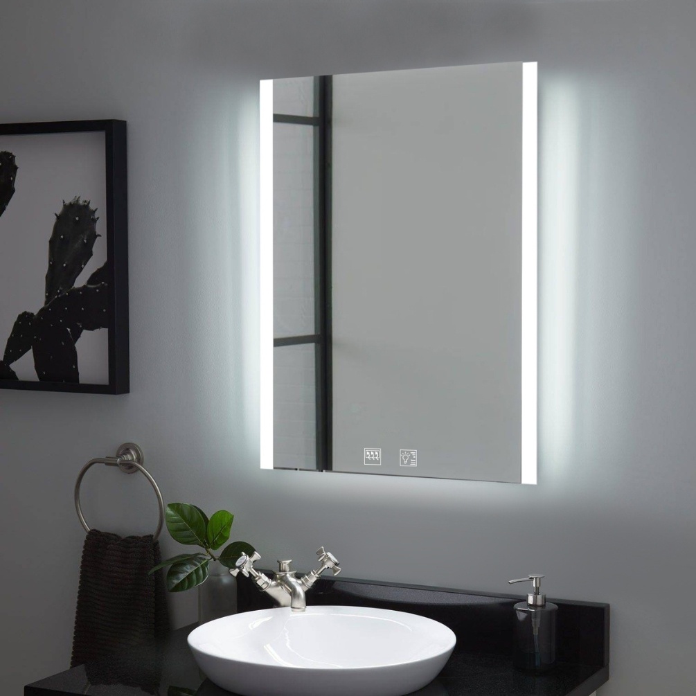 Product Lifestyle image of the Ernest Colour Changing LED Mirror emitting cool white light